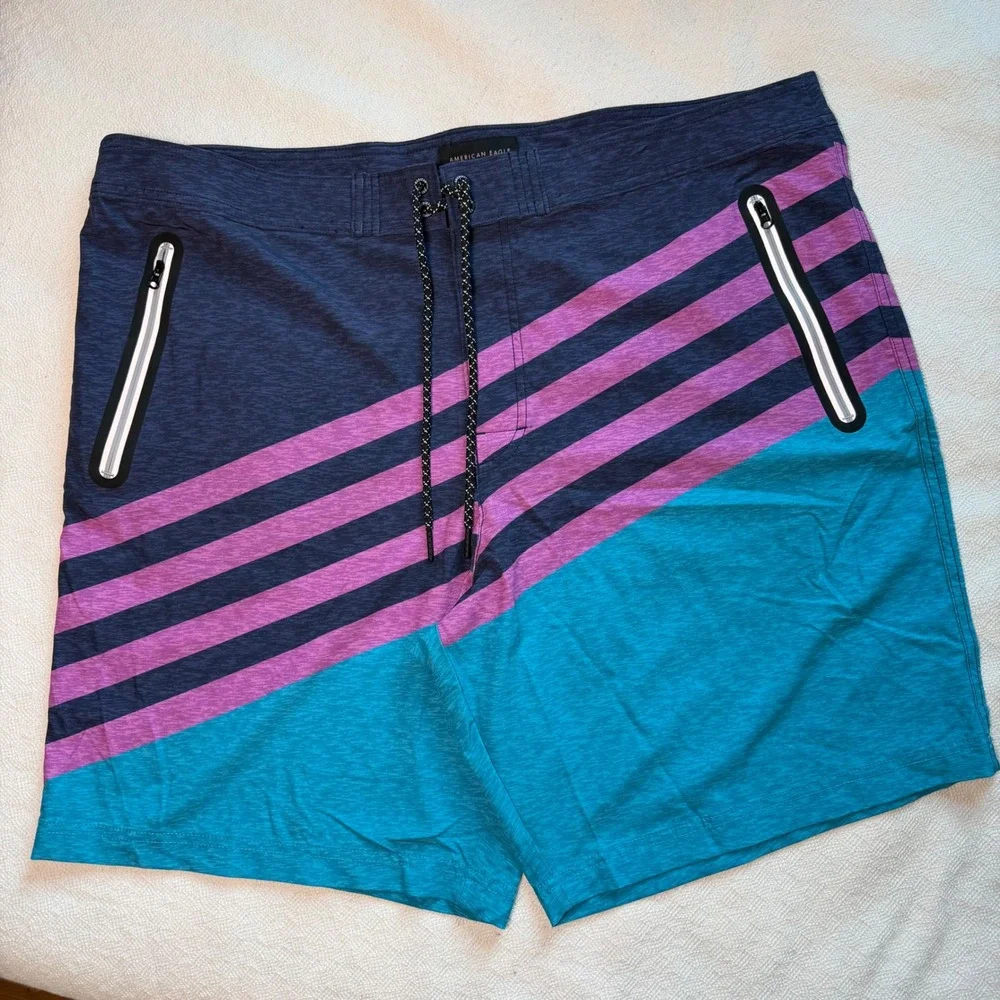 American Eagle Men XXL Board Shorts Striped Colorblock Swim Trunks Navy Teal 2XL
